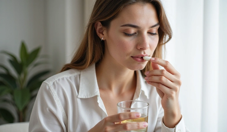 Persona che assume una capsula con un bicchiere d'acqua, con un'atmosfera calma e salutare.